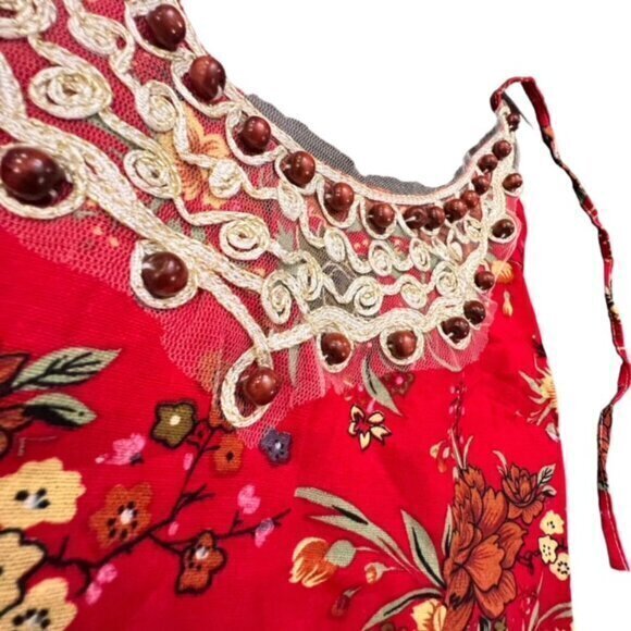 Beaded Crochet Trim Halter Tank Top Red‎ Floral XS S BOHO Hippie Western Beach - Picture 6 of 12